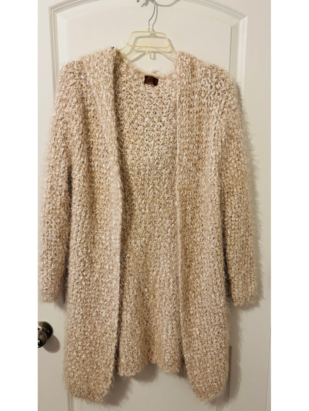 POL Clothing Womens Popcorn Knit Cardigan Sweater Beige Open Front Fuzzy one SZ